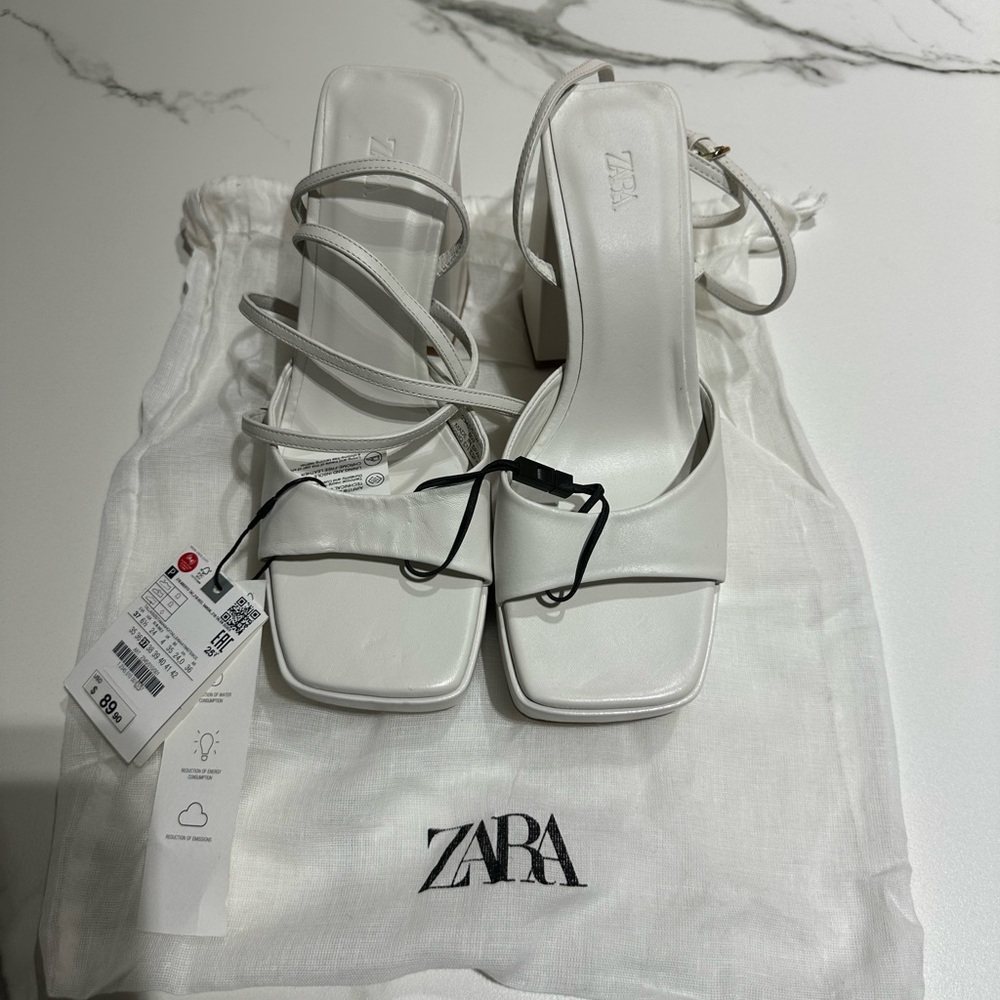 Zara White Strappy Heeled Platform Sandals Women size 6